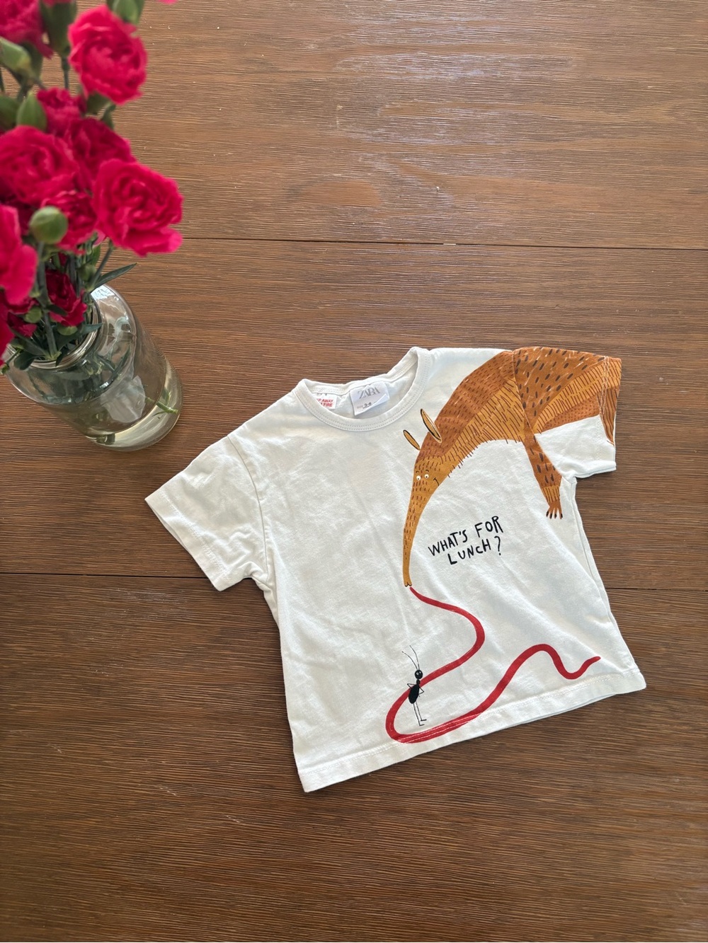 Zara White Kids T-Shirt with Anteater Graphic - What's For Lunch?
